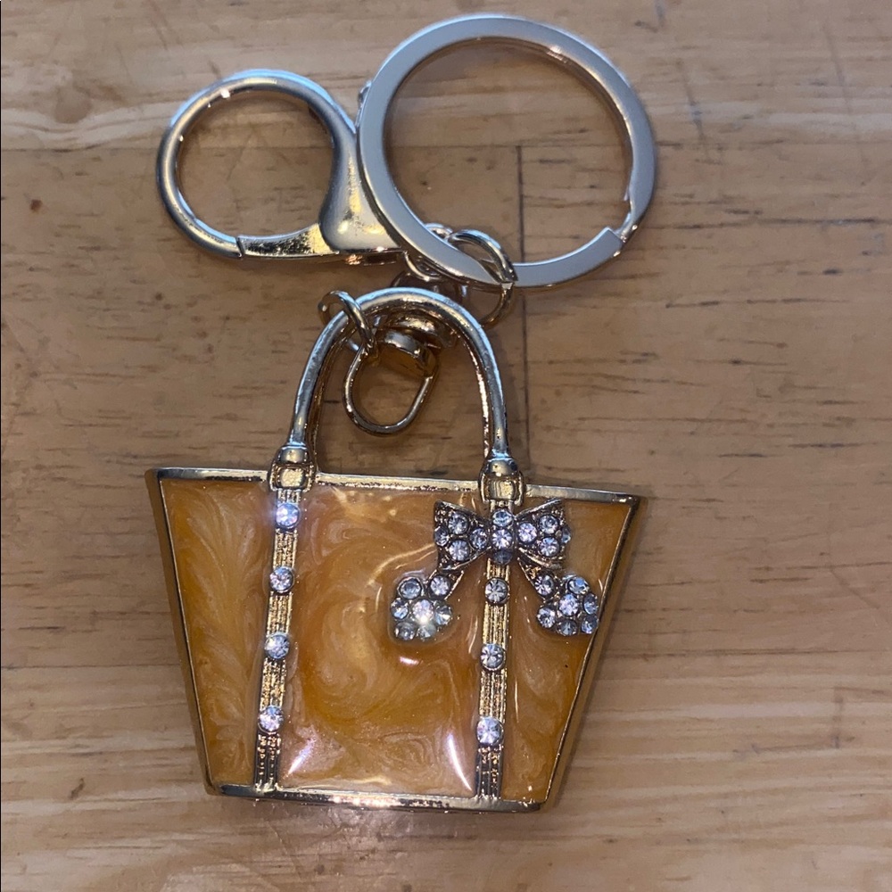Gold-Tone & orange Rhinestone purse bag charm Keychain with bow. NWOT - Picture 2 of 5